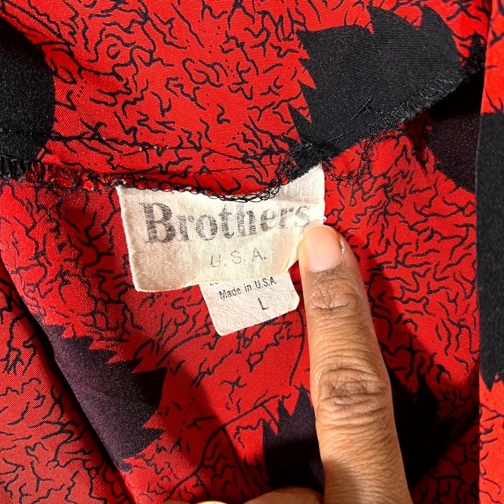 VTG 80s Brothers Dress Women L Red Leaf Print Puff Sleeve Elastic Waist USA Made - Picture 3 of 9